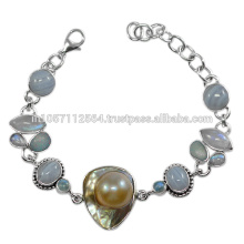 925 Sterling Silver & Blue Lace Agate Doublet Opal Rainbow Moonstone Gemstone Bracelet Jewelry